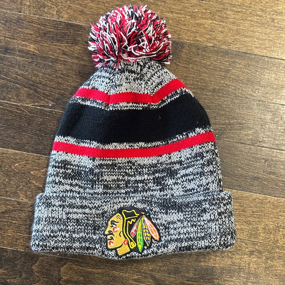 Chicago Blackhawks Black and Red Pom-Pom Beanie